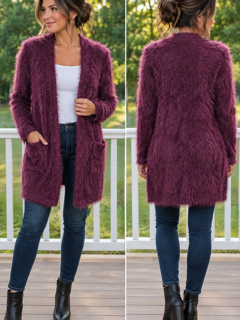 Chelsea & Theodore Plum Fuzzy Open Front Cardigan Size M/M